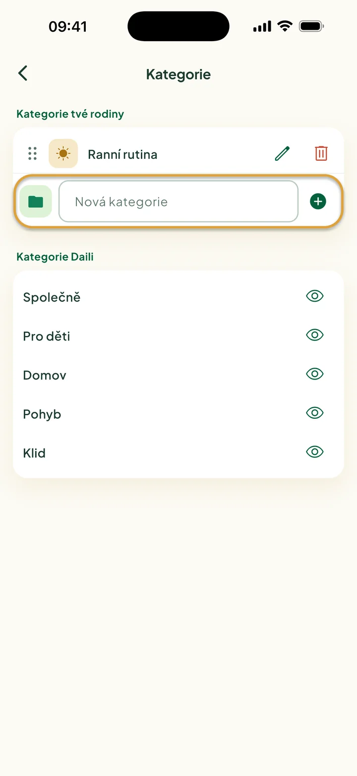 Obrazovka Kategorie s kategorií Ranní rutina. Zakroužkované je pole Nová kategorie.