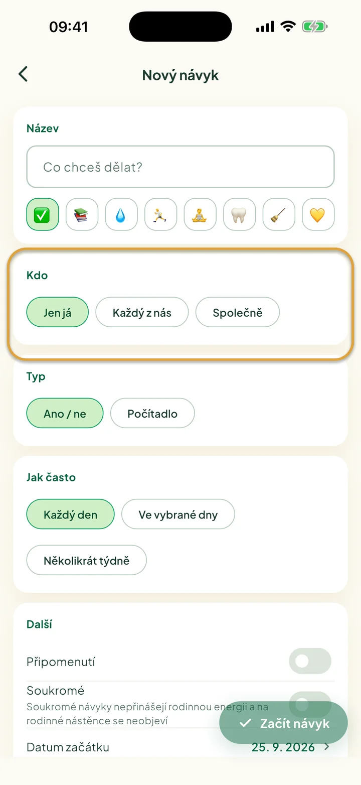 Formulář Nový návyk. Zakroužkované jsou volby Kdo: Jen já, Každý z nás a Společně.