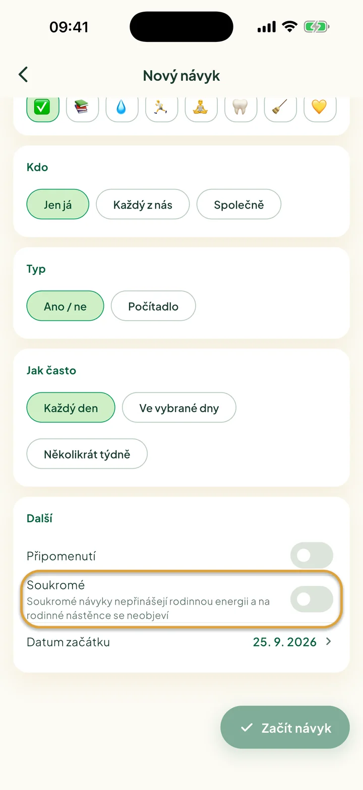 Část Další ve formuláři Nový návyk. Zakroužkovaný je přepínač Soukromé.