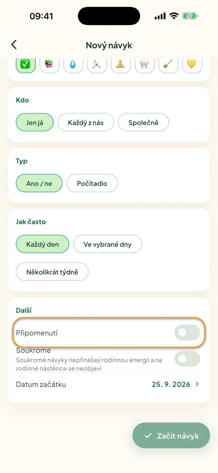 Část Další ve formuláři Nový návyk. Zakroužkovaný je přepínač Připomenutí.
