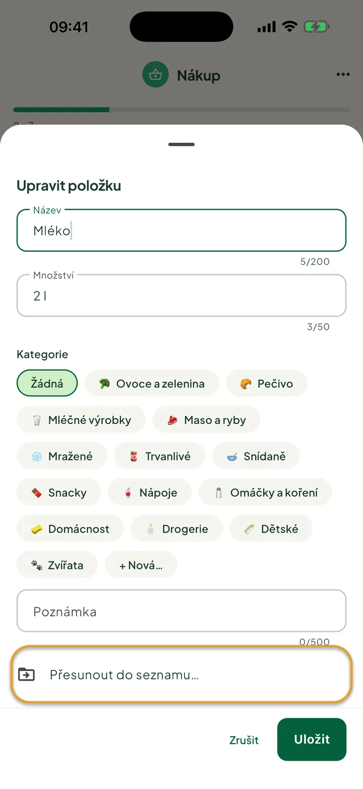 Panel Upravit položku u Mléka. Zakroužkovaný je řádek Přesunout do seznamu….