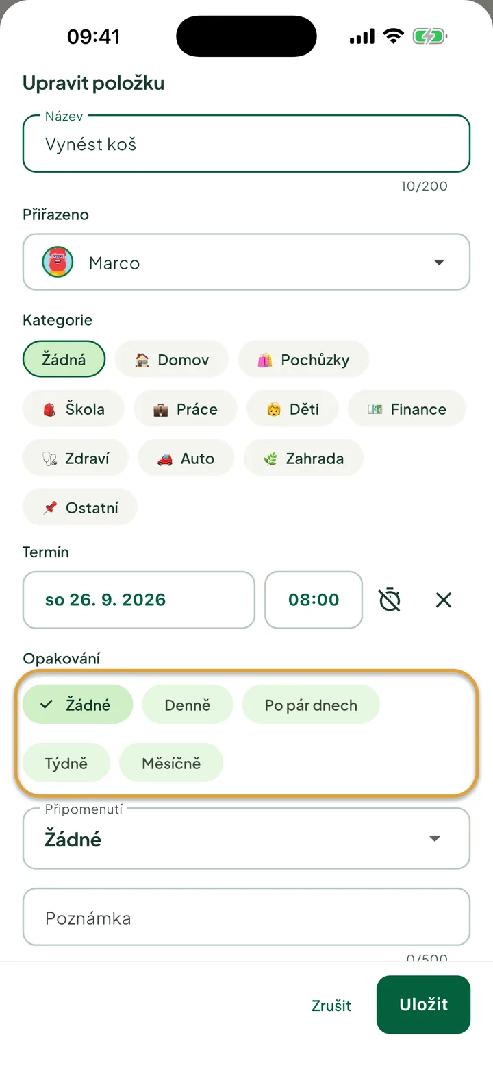 Panel Upravit položku u úkolu. Zakroužkované jsou volby Opakování: Žádné, Denně, Po pár dnech, Týdně a Měsíčně.