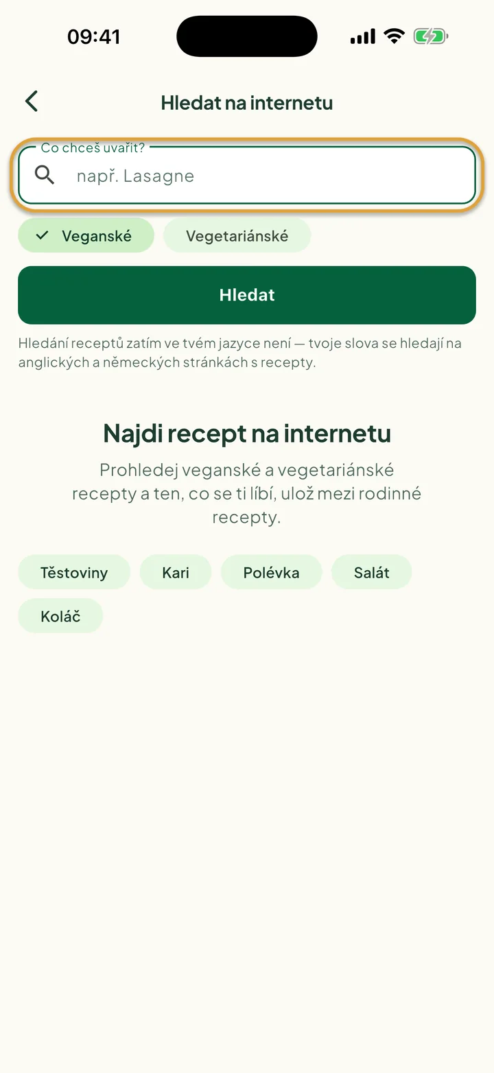 Obrazovka Hledat na internetu. Zakroužkované je pole Co chceš uvařit?.