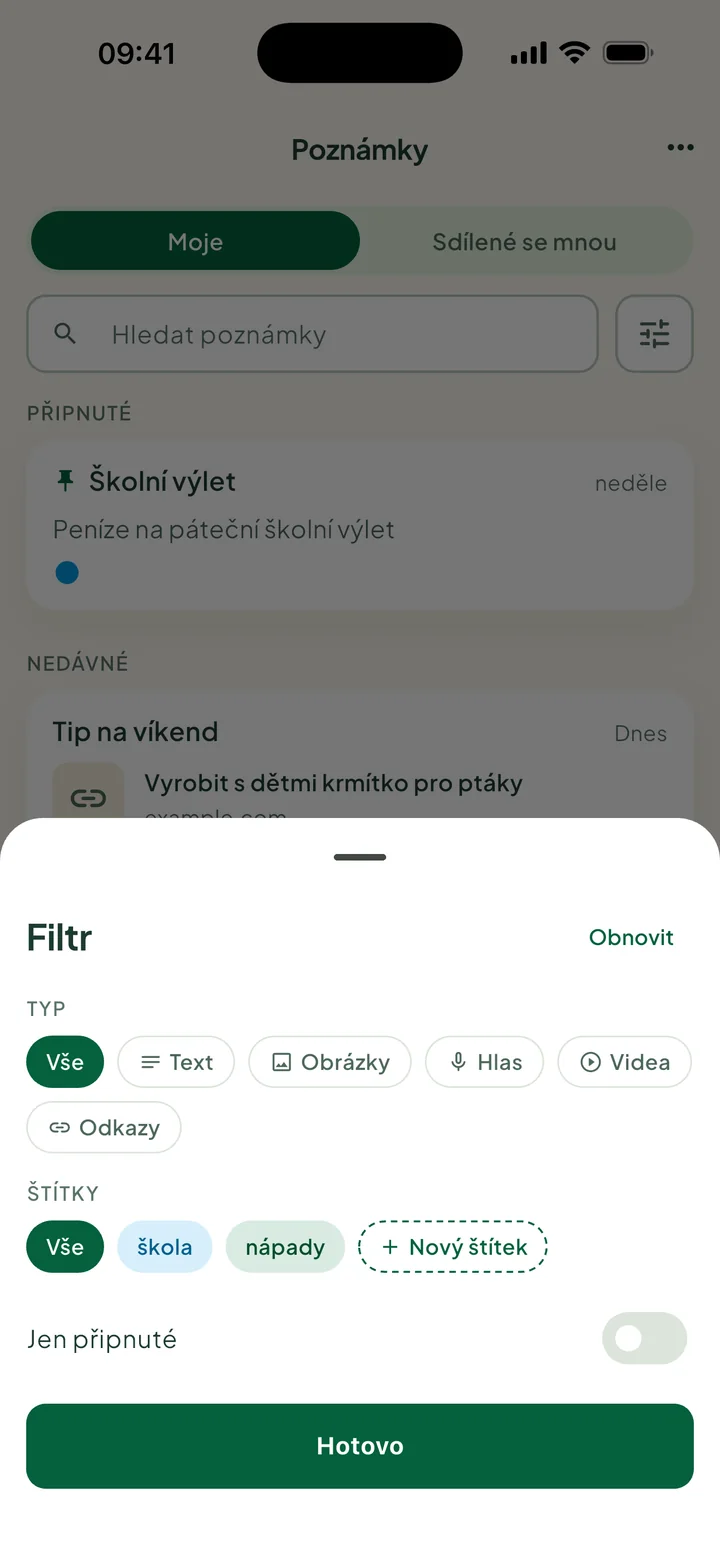 Panel Filtr: Typ, Štítky s volbou Nový štítek a Jen připnuté.