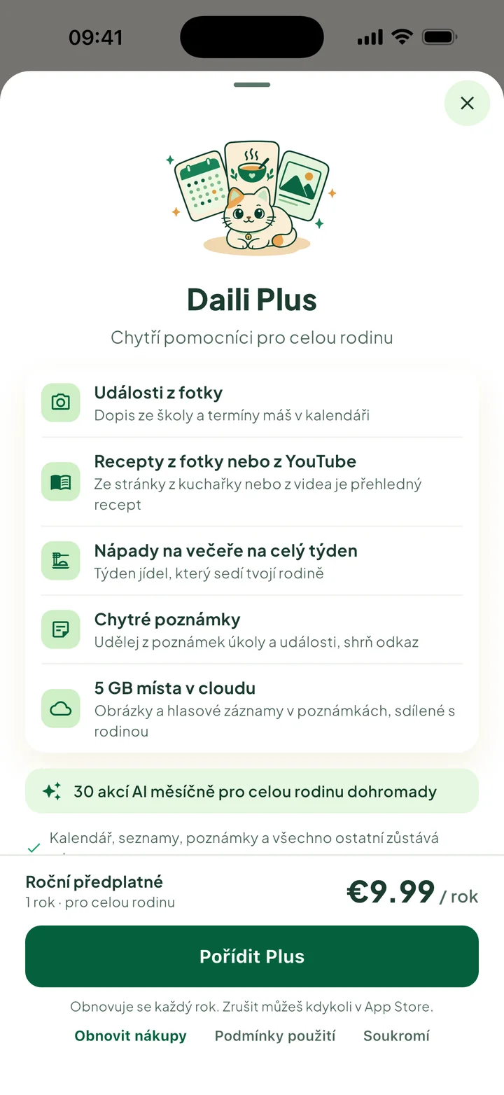 Panel Daili Plus: co získáš, roční cena a tlačítko Pořídit Plus.