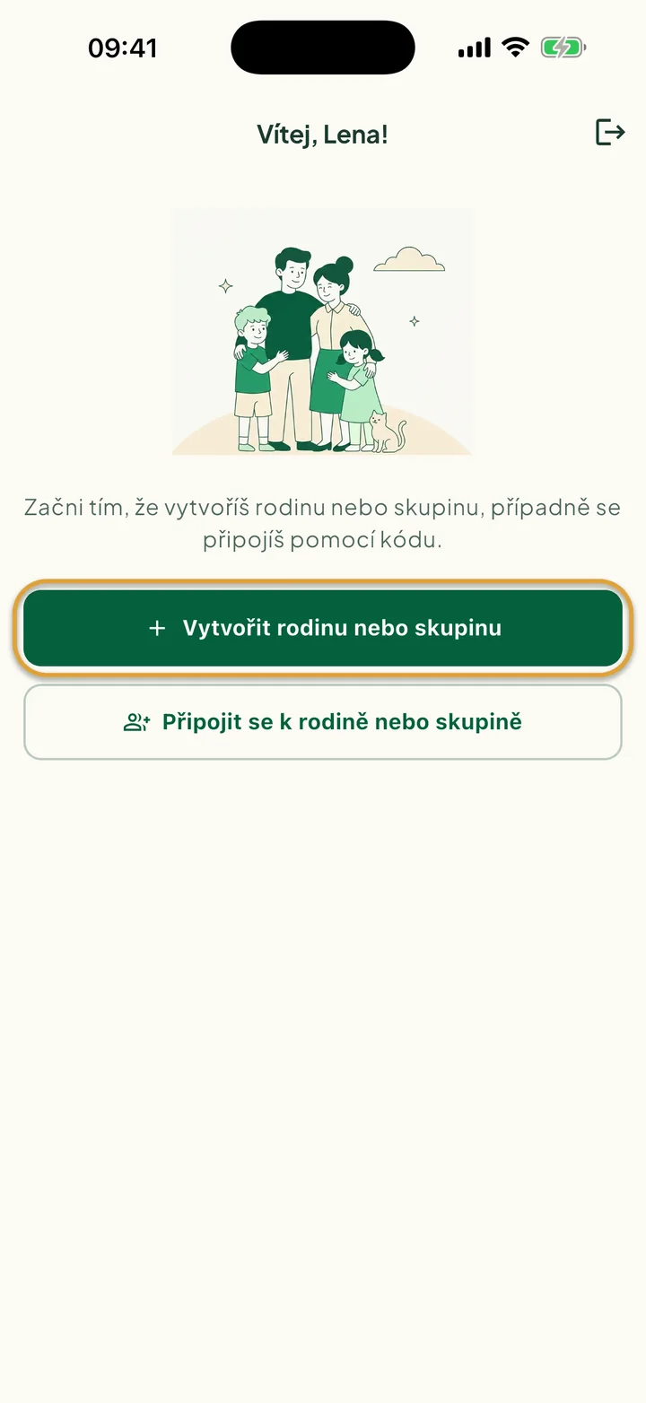 Uvítací obrazovka pro nové uživatele. Zakroužkované je tlačítko Vytvořit rodinu nebo skupinu.