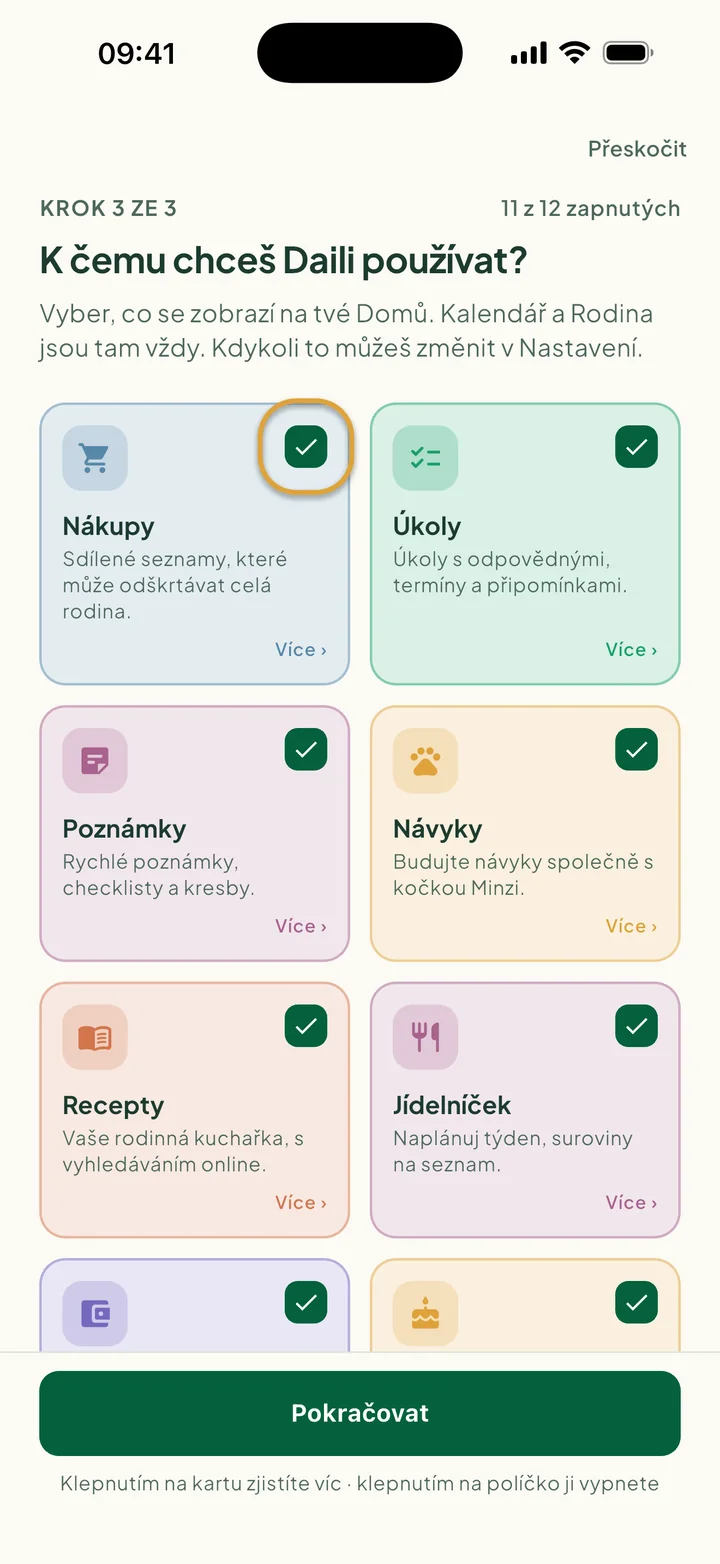 Karty funkcí. Zakroužkované je zaškrtávací políčko na kartě Nákupy.
