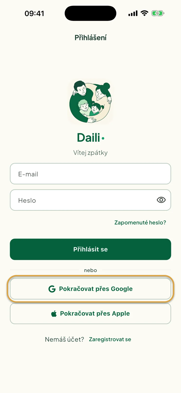 Obrazovka Přihlášení. Zakroužkované je tlačítko Pokračovat přes Google.