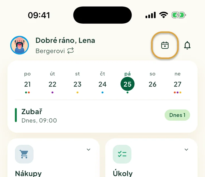 Horní část domovské obrazovky. Zakroužkované je tlačítko Dnes vedle zvonku.