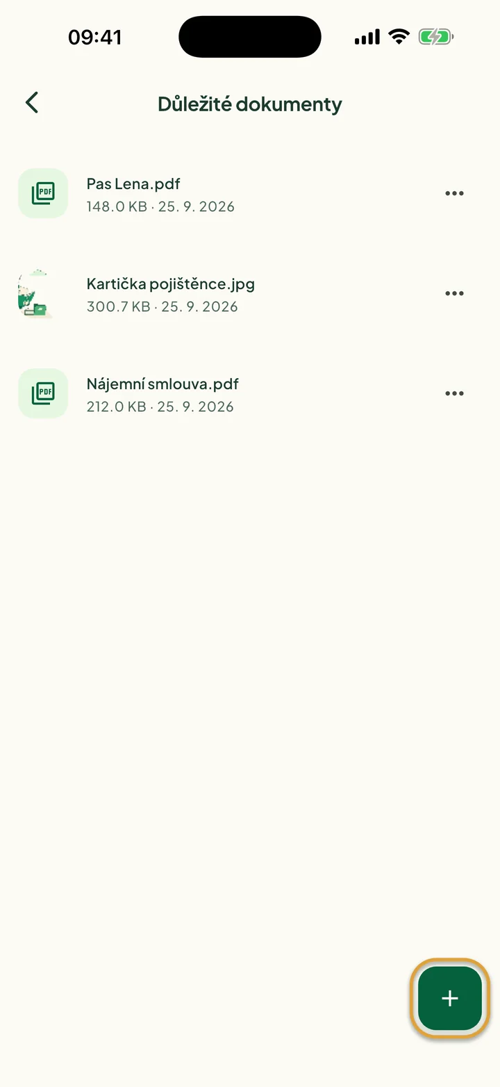 Složka Důležité dokumenty se třemi soubory. Zakroužkované je tlačítko + vpravo dole.