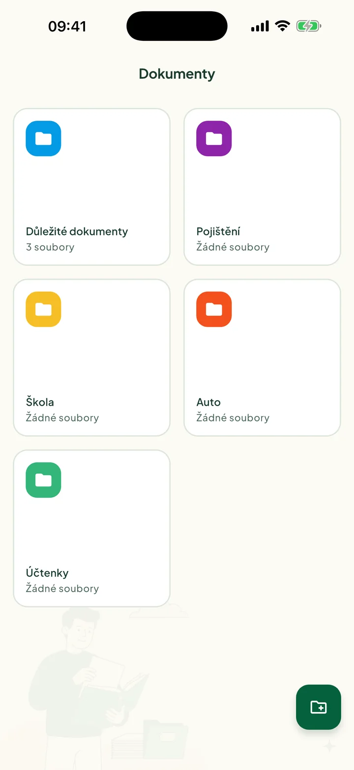 Obrazovka Dokumenty s pěti složkami: Důležité dokumenty, Pojištění, Škola, Auto a Účtenky.