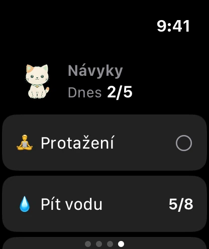 Stránka Návyky na hodinkách: Minzi, dnes hotovo 2 z 5, a první návyky.