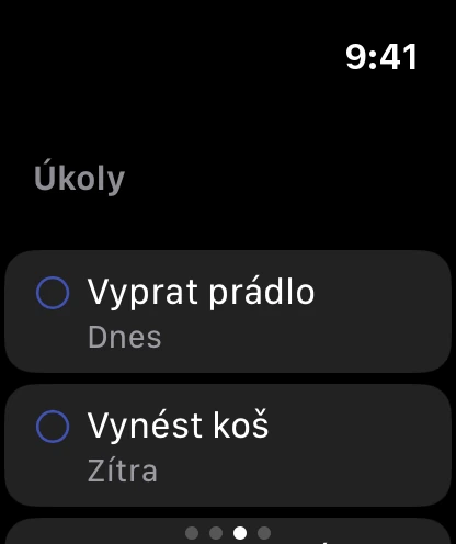 Stránka Úkoly na hodinkách se dvěma otevřenými úkoly, na dnes a na zítra.