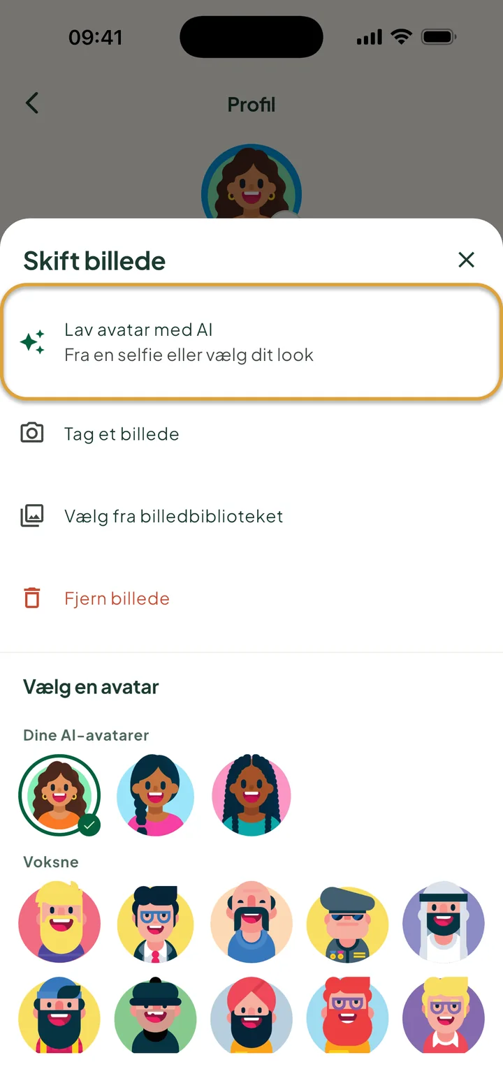 Vinduet Skift billede. Lav avatar med AI er markeret med en cirkel. Under Vælg en avatar viser Dine AI-avatarer tre versioner.