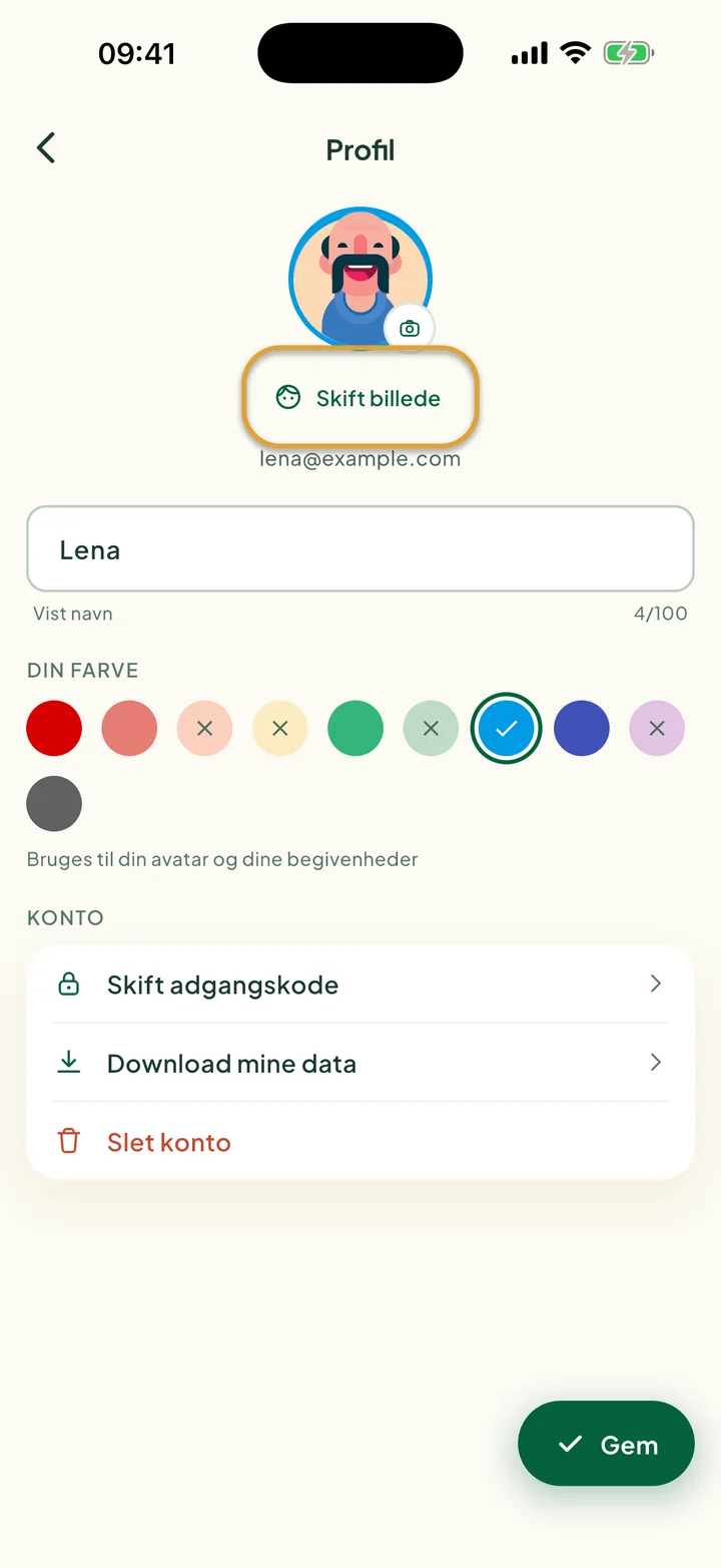 Skærmen Profil med navn, farver og kontorækker. Skift billede er markeret med en cirkel.