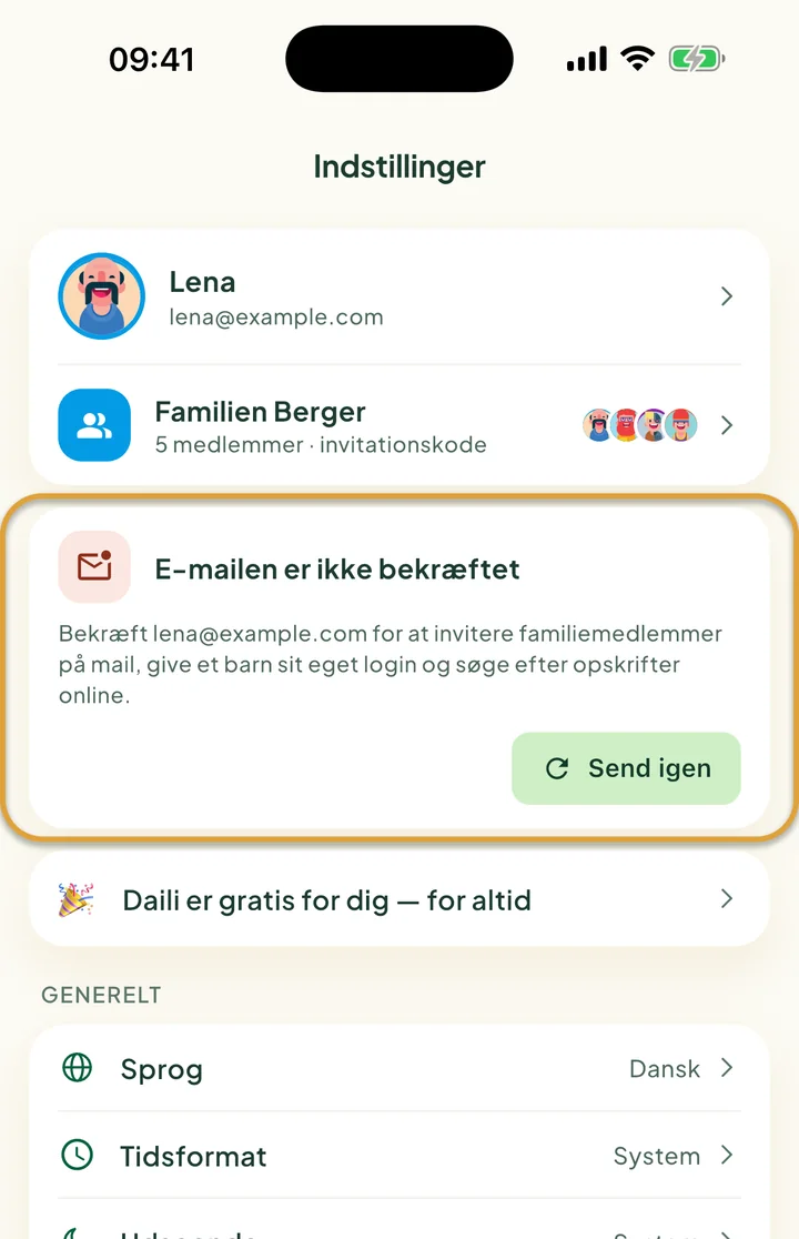 Toppen af Indstillinger. Kortet E-mailen er ikke bekræftet med knappen Send igen er markeret med en cirkel.
