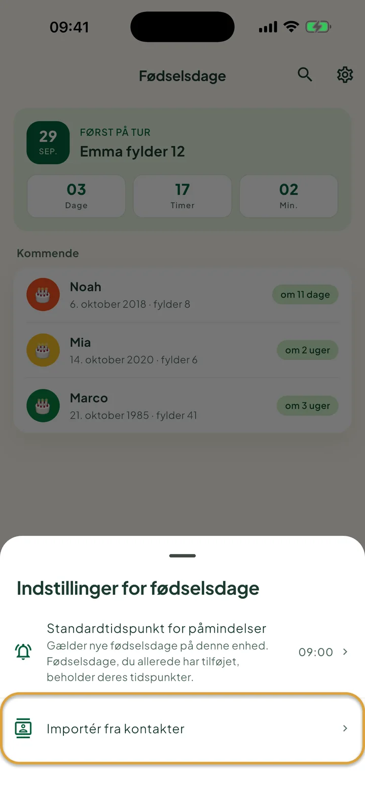 Arket Indstillinger for fødselsdage. Rækken Importér fra kontakter er markeret med en cirkel.