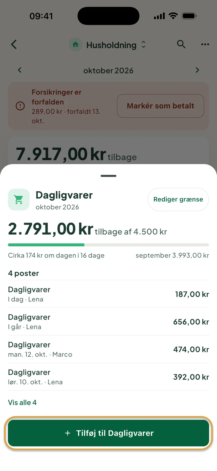 Arket Dagligvarer: 2.791,00 kr tilbage af 4.500 kr og fire poster. Knappen Tilføj til Dagligvarer er ringet ind.
