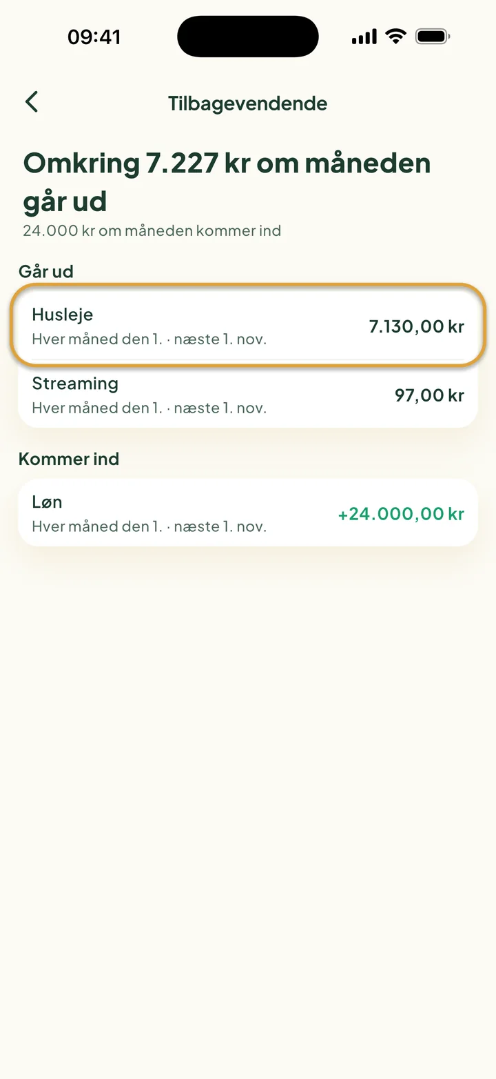 Skærmen Tilbagevendende: omkring 7.227 kr om måneden går ud, 24.000 kr kommer ind. Husleje er ringet ind.