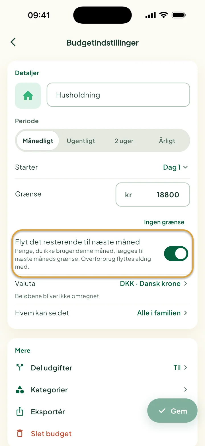 Budgetindstillinger med Flyt det resterende til næste måned slået til. Kontakten er ringet ind.