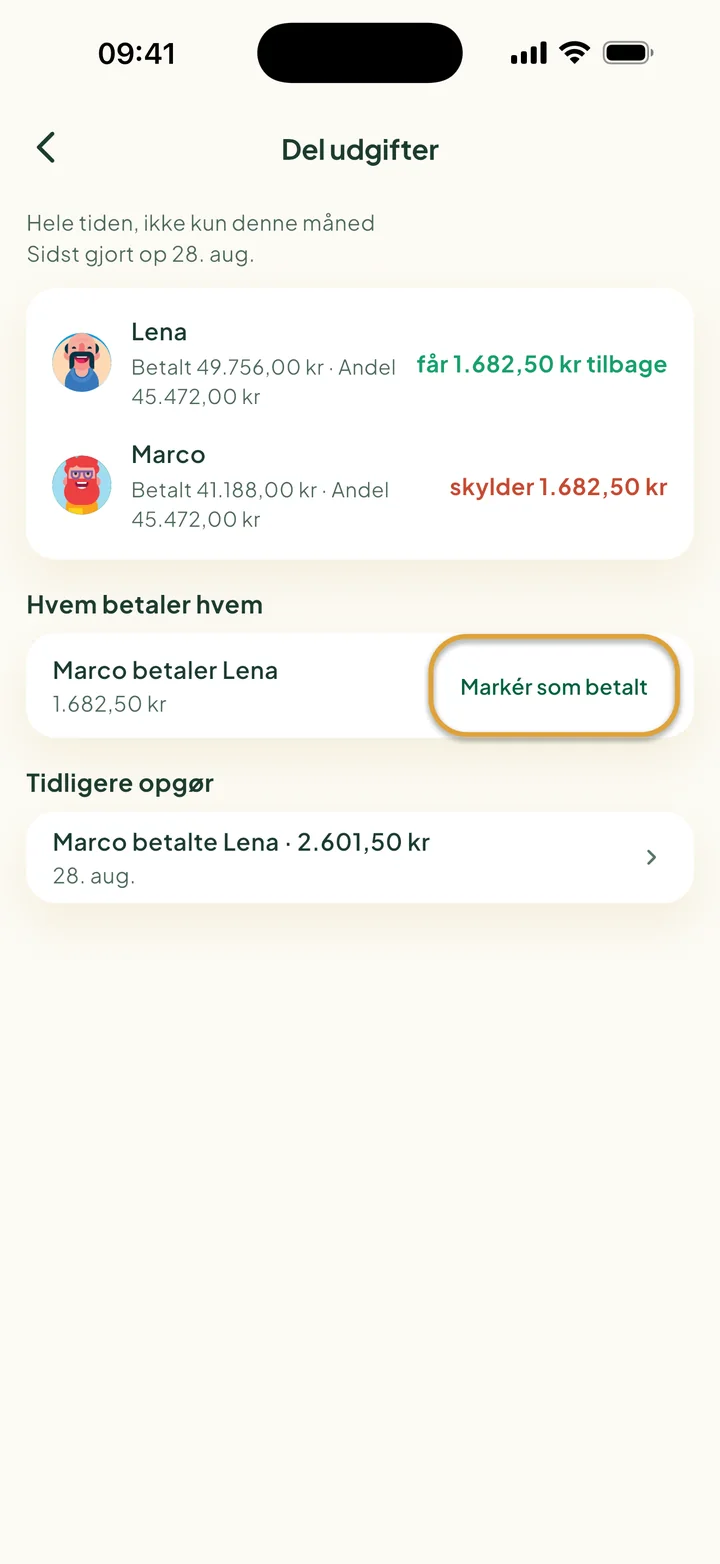 Skærmen Del udgifter. Marco betaler Lena 1.682,50 kr. Knappen Markér som betalt er ringet ind.