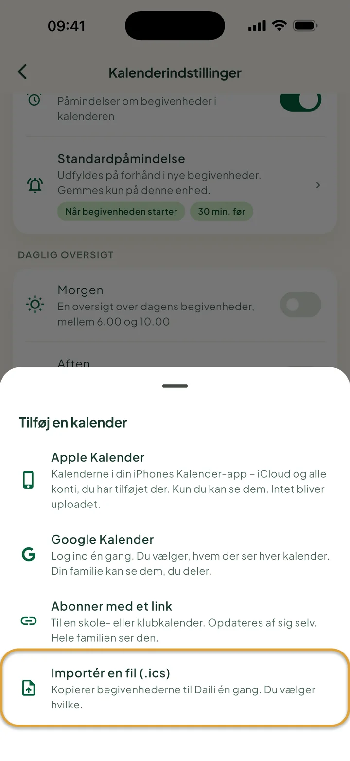 Vinduet Tilføj en kalender i kalenderindstillingerne. Importér en fil (.ics) er markeret med en cirkel.