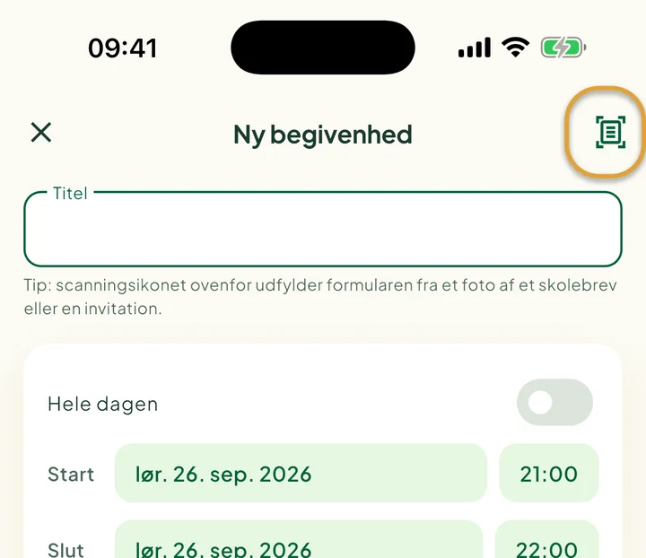 Skærmen Ny begivenhed. Scanningsikonet øverst til højre er ringet ind.