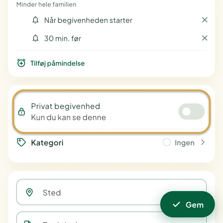 Formularen til en begivenhed. Kontakten Privat begivenhed er markeret med en cirkel.