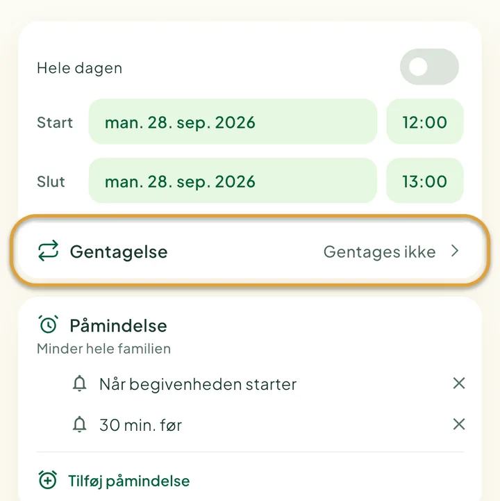 Formularen til en ny begivenhed. Rækken Gentagelse er markeret med en cirkel.