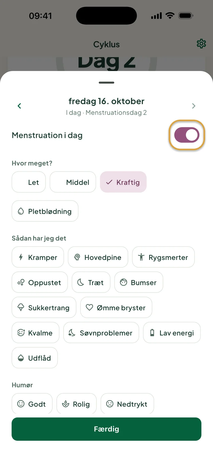 Arket for fredag 16. oktober: Menstruation i dag er slået til, og Kraftig er valgt. Kontakten er ringet ind.