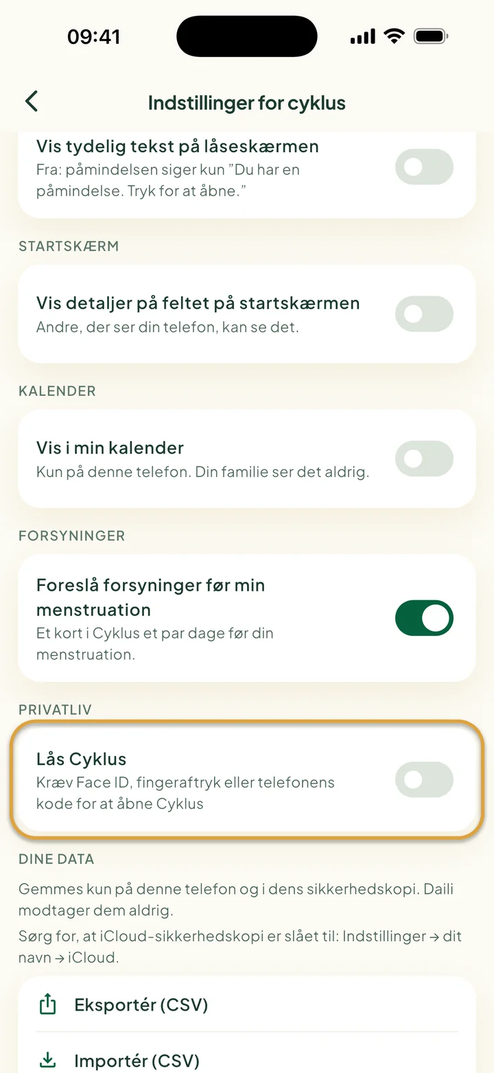 Indstillinger for cyklus med Vis i min kalender, kontakten for forsyninger og Eksportér og Importér. Lås Cyklus er ringet ind.