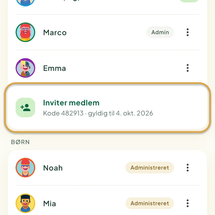 Skærmen Familie. Inviter medlem, med den aktuelle kode og dens slutdato under, er markeret med en cirkel.