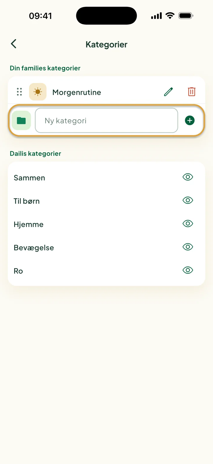 Skærmen Kategorier med kategorien Morgenrutine. Feltet Ny kategori er markeret med en cirkel.