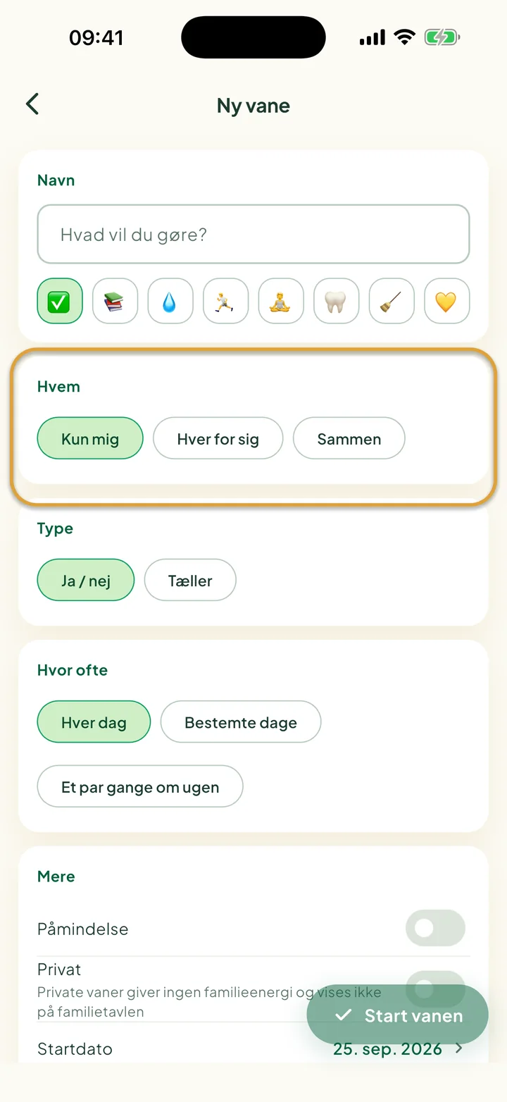 Formularen til en ny vane. Valgene under Hvem, Kun mig, Hver for sig og Sammen, er markeret med en cirkel.