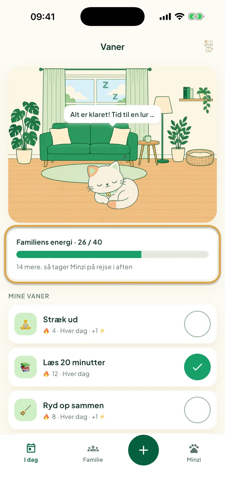 Skærmen Vaner med Minzi i sit værelse. Linjen Familiens energi er markeret med en cirkel.