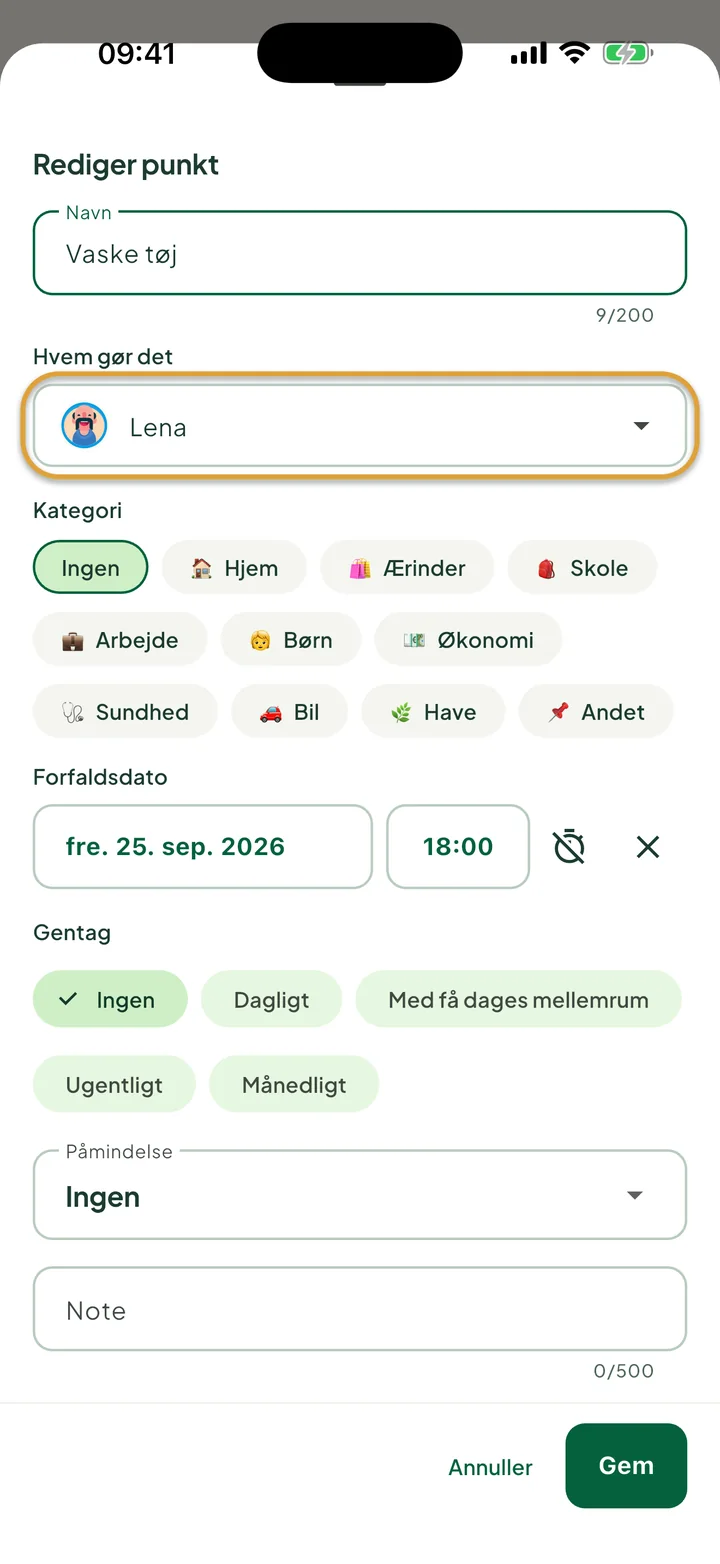Arket til at redigere en opgave. Feltet Hvem gør det, sat til Lena, er markeret med en cirkel.