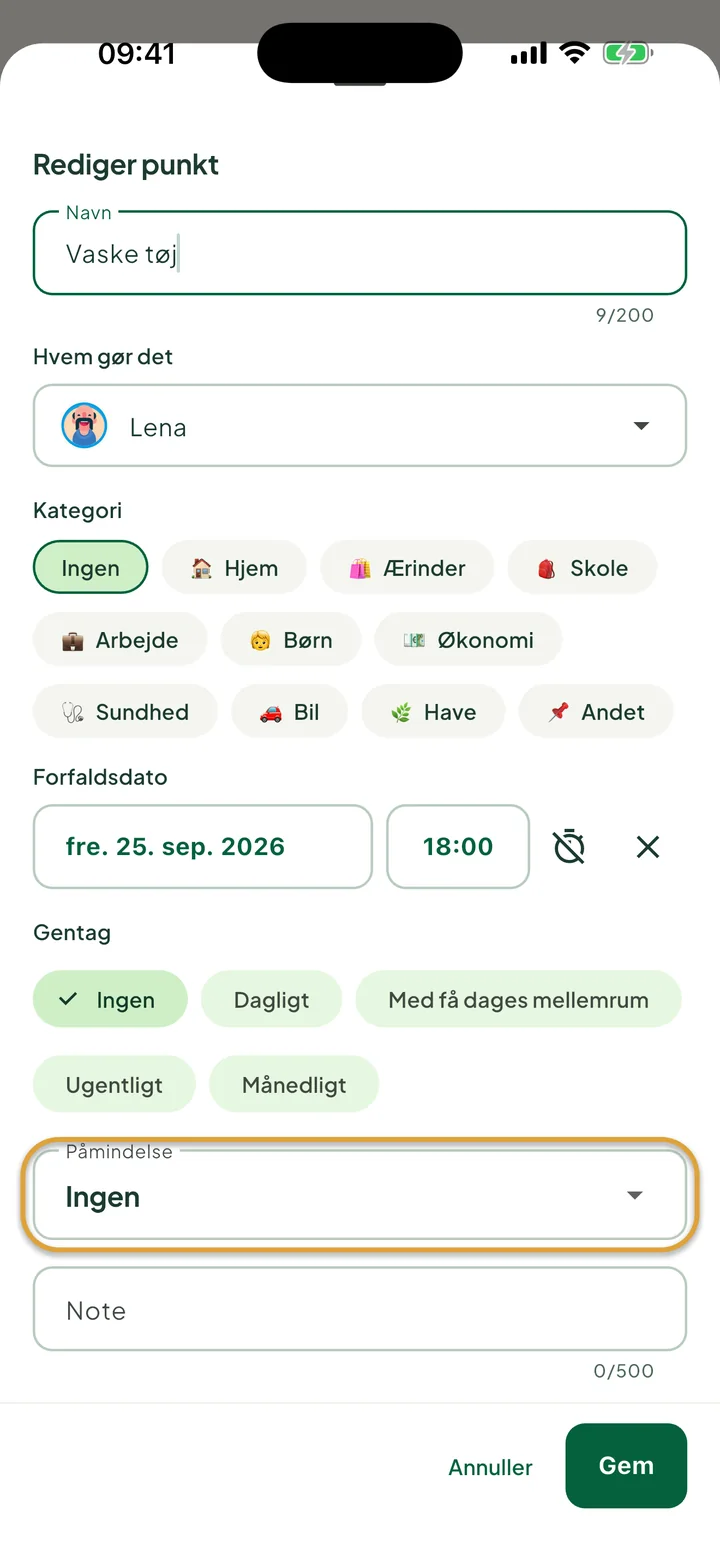 Arket til at redigere en opgave med forfaldsdato og tidspunkt. Feltet Påmindelse er markeret med en cirkel.