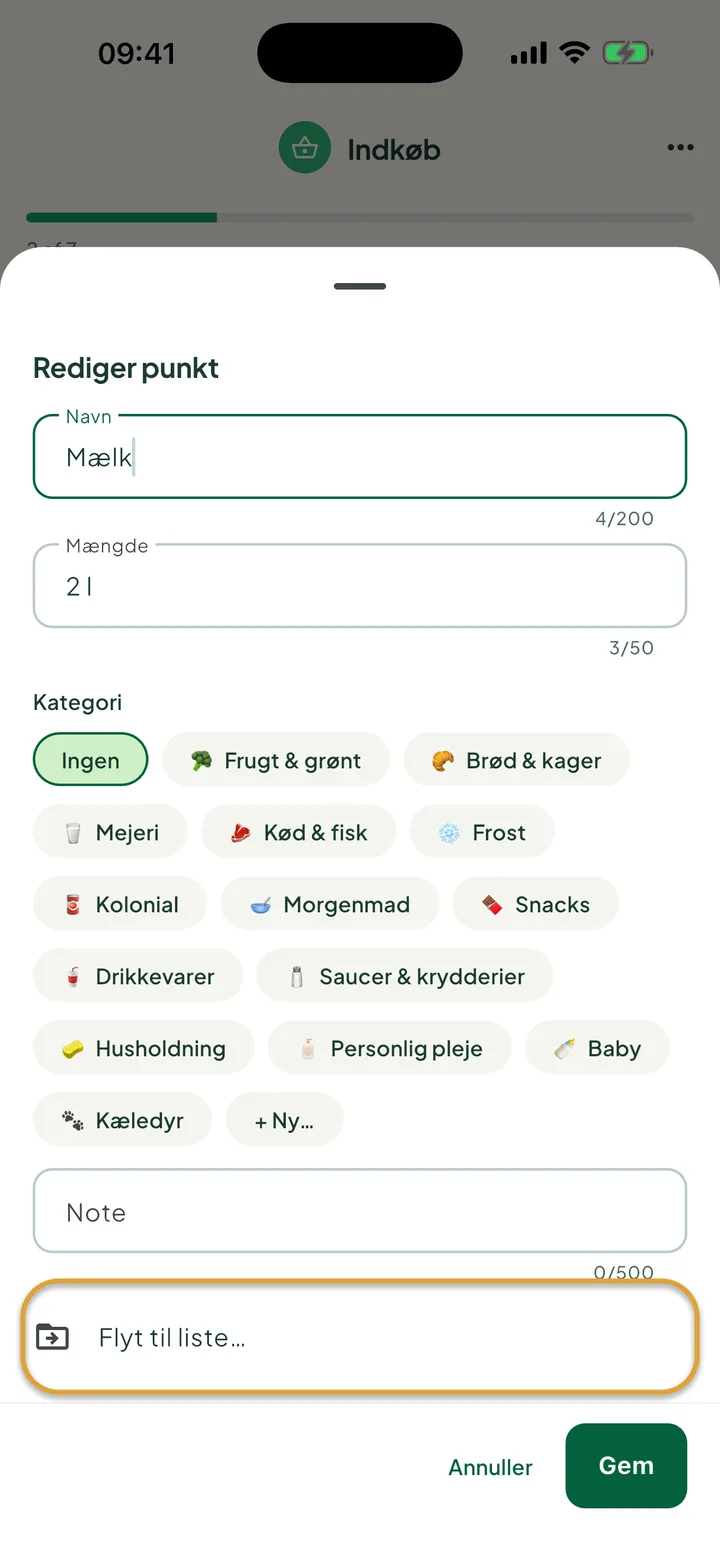 Arket til at redigere Mælk. Rækken Flyt til liste… er markeret med en cirkel.