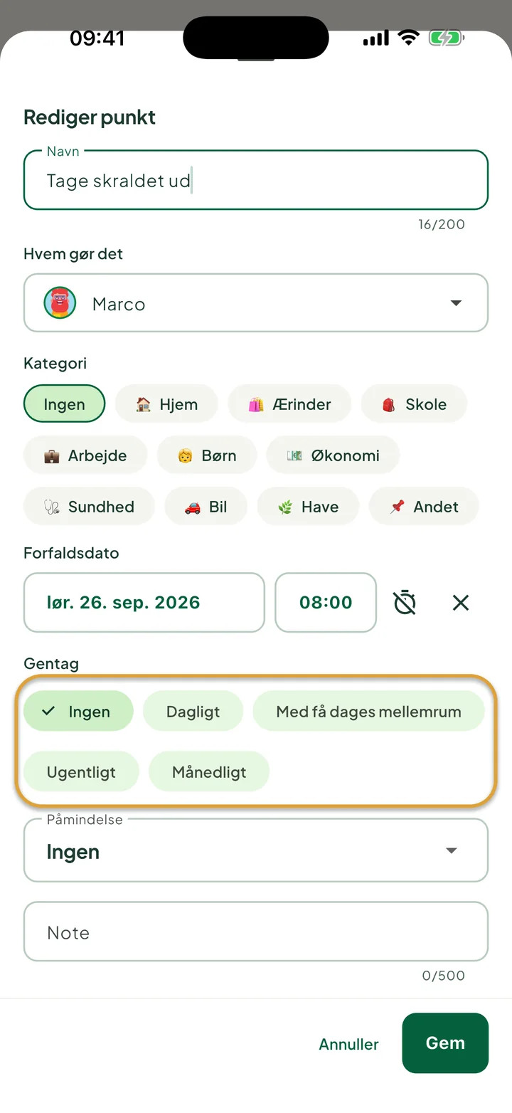 Arket til at redigere en opgave. Valgene under Gentag, Ingen, Dagligt, Med få dages mellemrum, Ugentligt og Månedligt, er markeret med en cirkel.