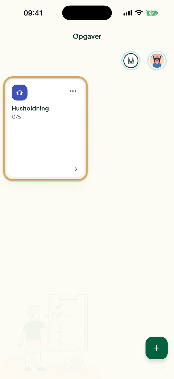 Skærmen Opgaver med én liste. Kortet for listen Husholdning er markeret med en cirkel.