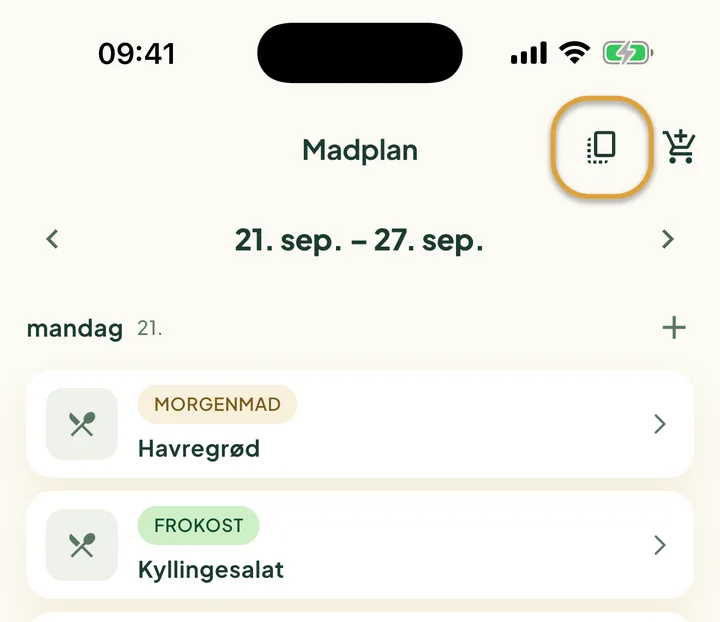 Toppen af Madplan. Kopiknappen ved siden af indkøbskurven er markeret med en cirkel.