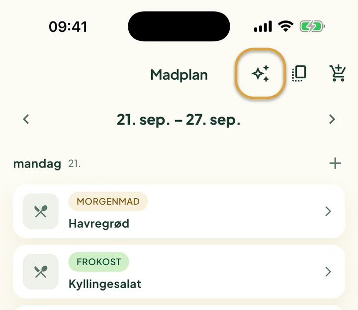 Toppen af madplanen. Stjerneknappen ved siden af kopiknappen er markeret med en cirkel.