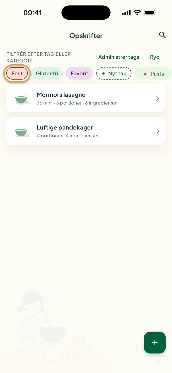 Filterrækken med Fest valgt. Kun Mormors lasagne og Luftige pandekager vises.