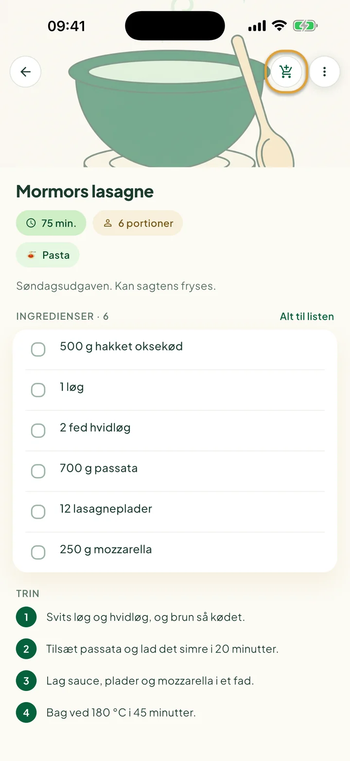 En opskrift med dens ingredienser. Indkøbskurvknappen øverst er markeret med en cirkel.