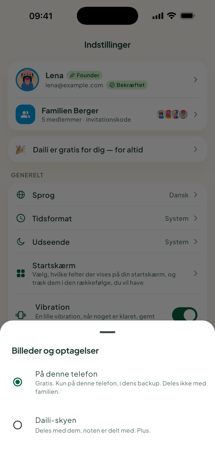 Billeder og optagelser, med På denne telefon valgt og Daili-skyen under.