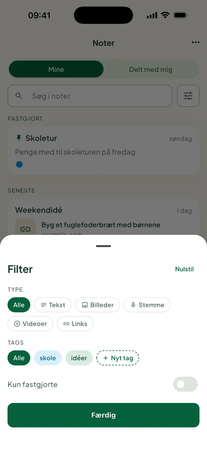 Arket Filter: Type, Tags med Nyt tag og Kun fastgjorte.
