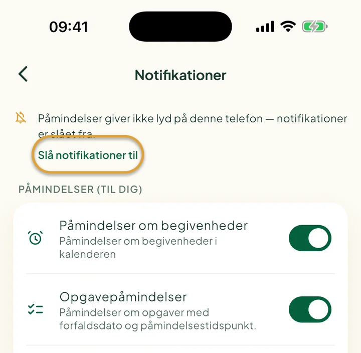 Toppen af skærmen Notifikationer med en besked om, at notifikationer er slået fra. Slå notifikationer til er markeret med en cirkel.
