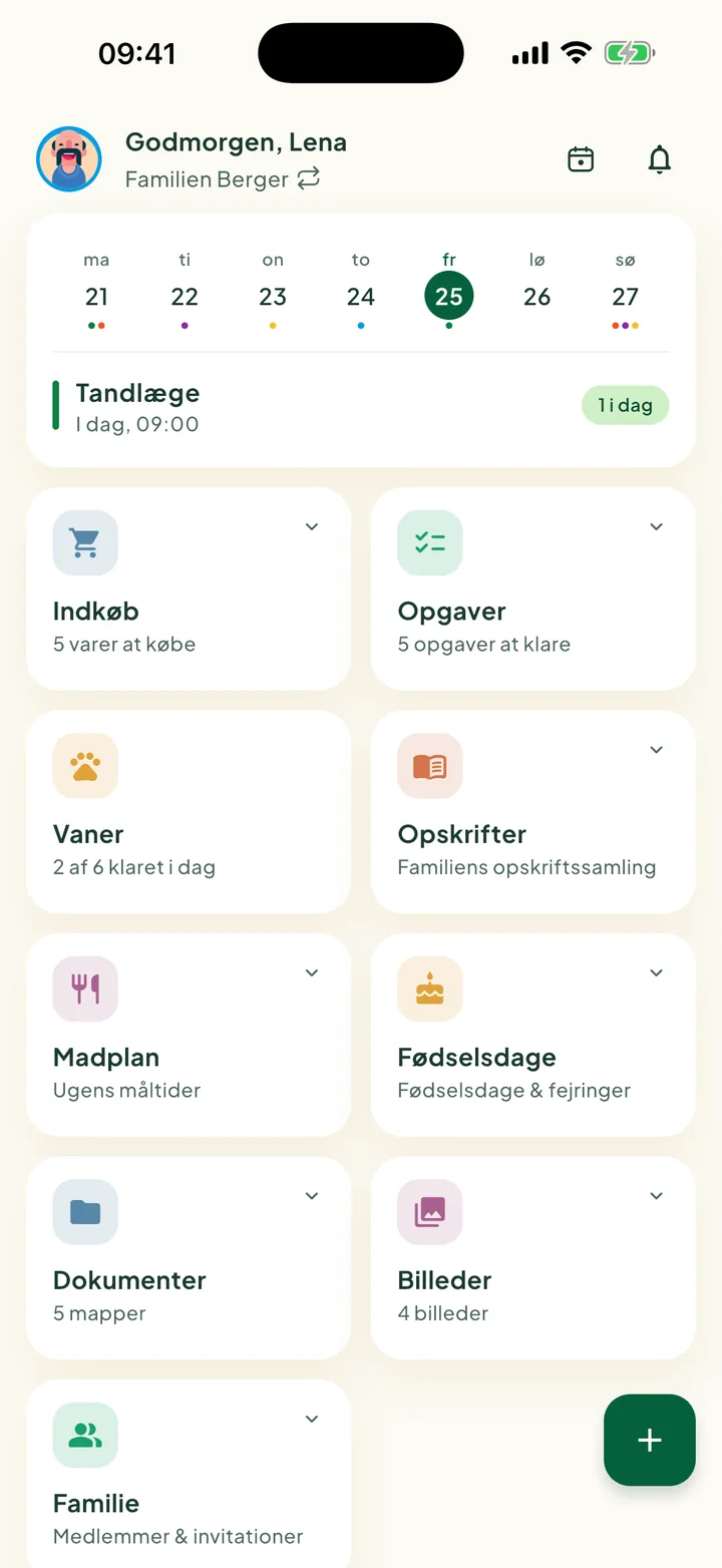 Startskærmen med ugekortet og felterne