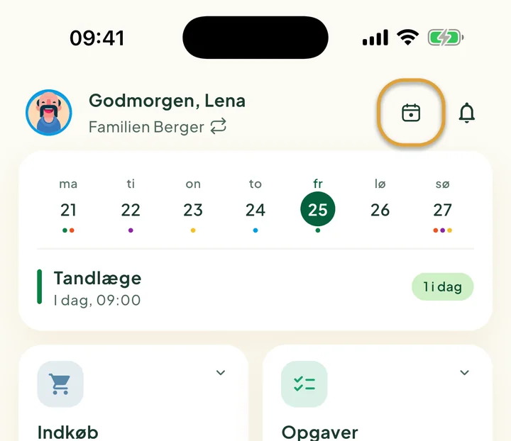 Toppen af startskærmen. Knappen I dag ved siden af klokken er markeret med en cirkel.