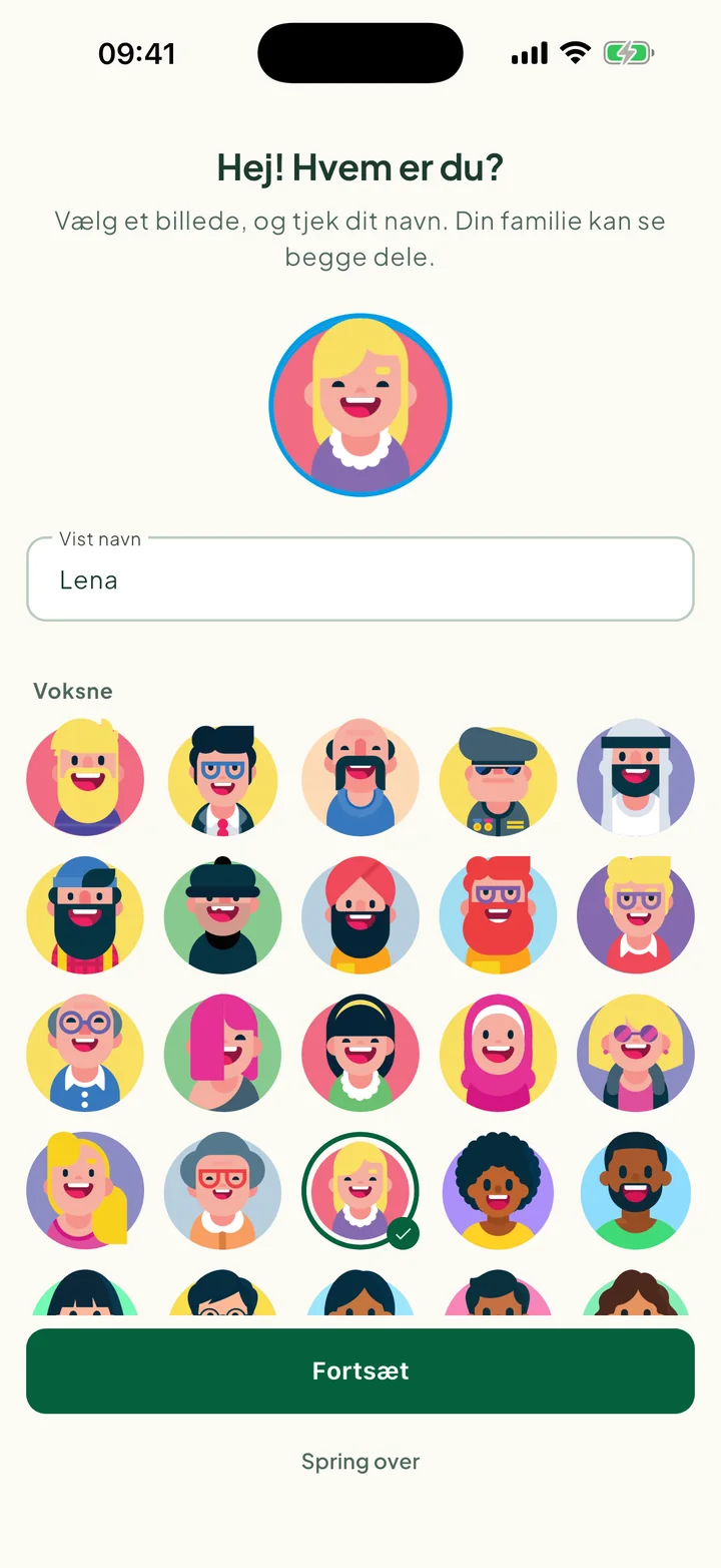 Trinnet Hej! Hvem er du? med et valgt billede og navnet udfyldt.